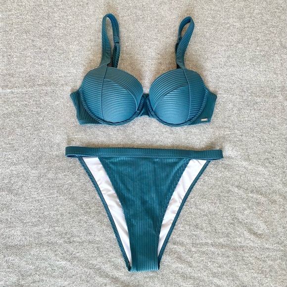 NWT Victoria's Secret PINK Size M Ribbed Blue Push-Up Bikini + High Cut Bottom - Picture 3 of 8